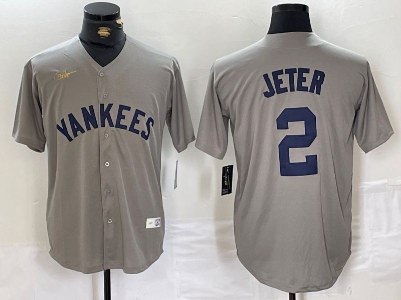 Men New York Yankees #2 Jeter Grey Throwback Nike Game 2024 MLB Jersey style 15